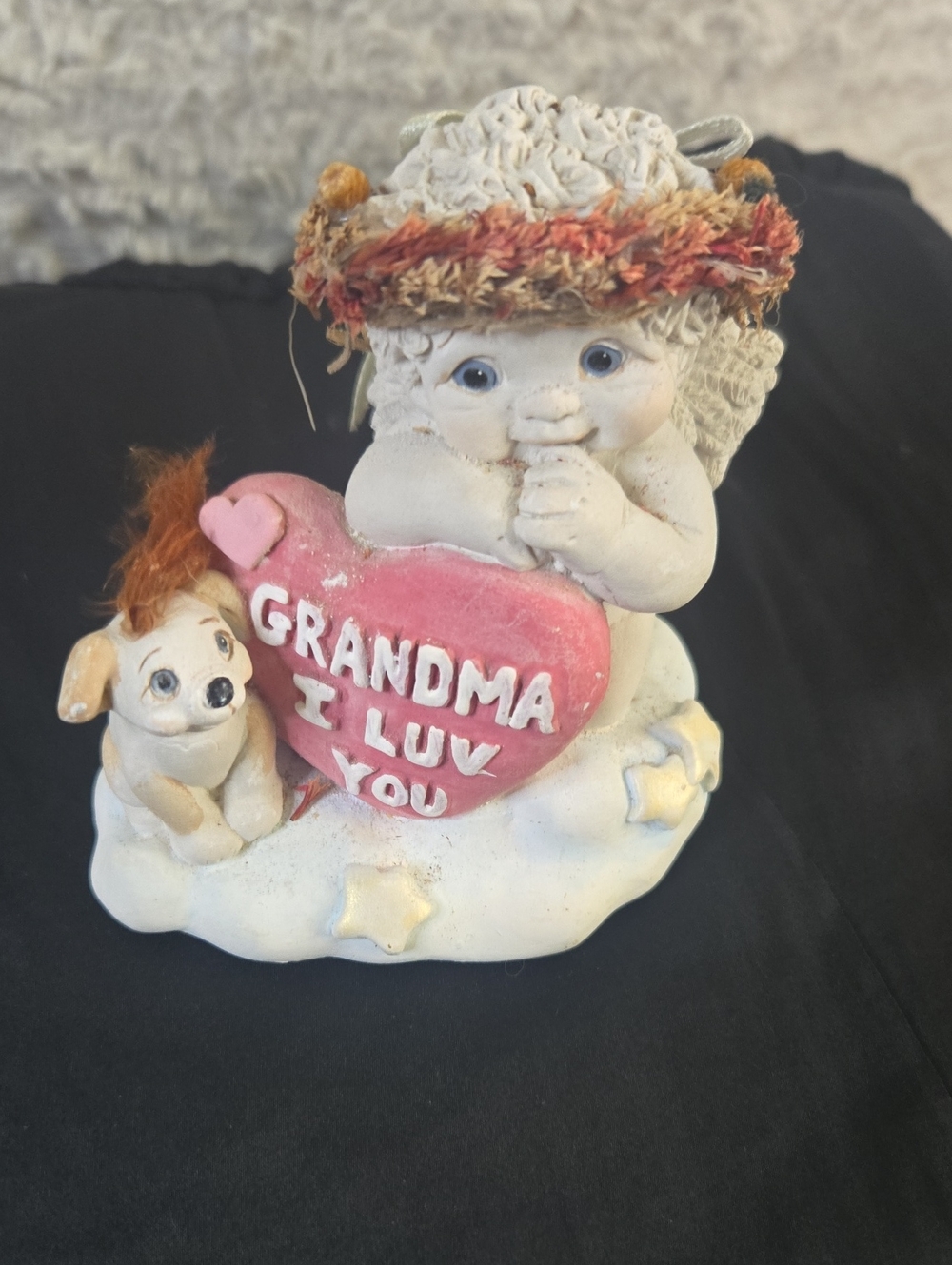 White Cherub Figurine Holding Pink Heart - Grandma I Luv You
